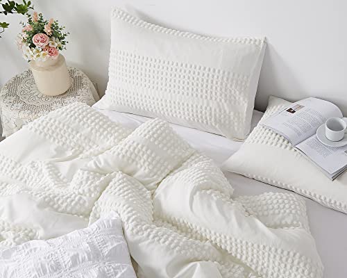 Cupocupa King Size Comforter Set;White Comforter Boho Tufted Lightweight Bedding Sets 3PCS Pom Pom Comforter Soft Jacquard Comforter with 2 Pillow Cases for All Season