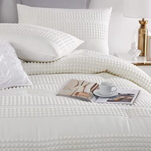 Cupocupa King Size Comforter Set;White Comforter Boho Tufted Lightweight Bedding Sets 3PCS Pom Pom Comforter Soft Jacquard Comforter with 2 Pillow Cases for All Season