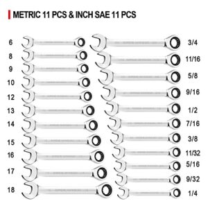 AIRAJ 22 Pcs Ratcheting Wrench Set, SAE 1/4-3/4 Inch & 6-18 Mm, Standard Combination Ratchet Wrenches Set for Car Repair and Household Equipment Repair, Chrome Vanadium Steel, Portable Handbag…