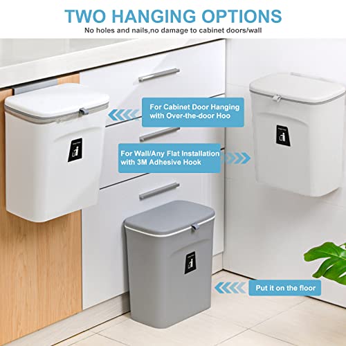 Hanging Small Trash Can with Lid for Counter Top or Under Sink, 2.4 Gallon Kitchen Compost Bin Garbage Can for Cupboard/Bathroom/Bedroom/Office/Camping, Waste Basket (Grey)