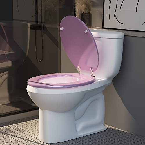 BLOFDE Round Toilet Seat Wood Toilet Seat Prevent Shifting with Zinc Alloy Hinges American Standard Size Toilet Seat Easy to Install also Easy to Clean (Round,Pink)