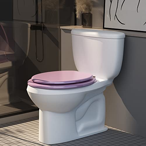 BLOFDE Round Toilet Seat Wood Toilet Seat Prevent Shifting with Zinc Alloy Hinges American Standard Size Toilet Seat Easy to Install also Easy to Clean (Round,Pink)