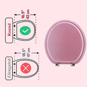 BLOFDE Round Toilet Seat Wood Toilet Seat Prevent Shifting with Zinc Alloy Hinges American Standard Size Toilet Seat Easy to Install also Easy to Clean (Round,Pink)