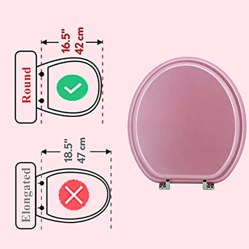 BLOFDE Round Toilet Seat Wood Toilet Seat Prevent Shifting with Zinc Alloy Hinges American Standard Size Toilet Seat Easy to Install also Easy to Clean (Round,Pink)