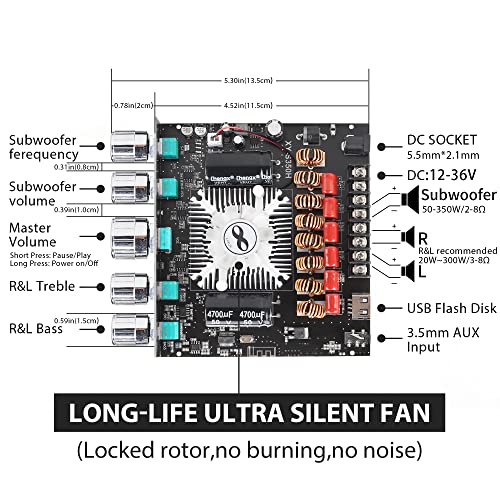 XY-S350H 2.1 Channel Bluetooth Power Amplifier Board with TPA3251 Chip, 220W*2+350W Support APP Control 18V-36V Bluetooth Speaker Audio Amplifier Module,Black