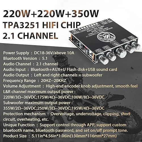 XY-S350H 2.1 Channel Bluetooth Power Amplifier Board with TPA3251 Chip, 220W*2+350W Support APP Control 18V-36V Bluetooth Speaker Audio Amplifier Module,Black