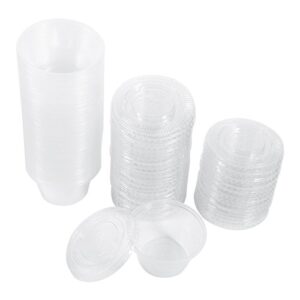 pilipane 50 sets clear disposable plastic portion cups with leakproof lids,leakproof jello shot cup mini containers for salad dressing sauce condiment snack souffle and salsa, disposable(2oz)