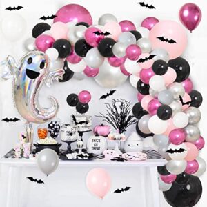 172Pcs Halloween Balloon Garland Arch Kit, Black Pink Sliver Halloween Balloons with 3D Bat Sticker Ghost Foil Balloon Pink Halloween Decor for Girls Kids Halloween Birthday Baby Shower Party Supplies