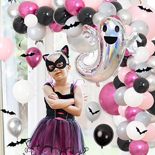 172Pcs Halloween Balloon Garland Arch Kit, Black Pink Sliver Halloween Balloons with 3D Bat Sticker Ghost Foil Balloon Pink Halloween Decor for Girls Kids Halloween Birthday Baby Shower Party Supplies