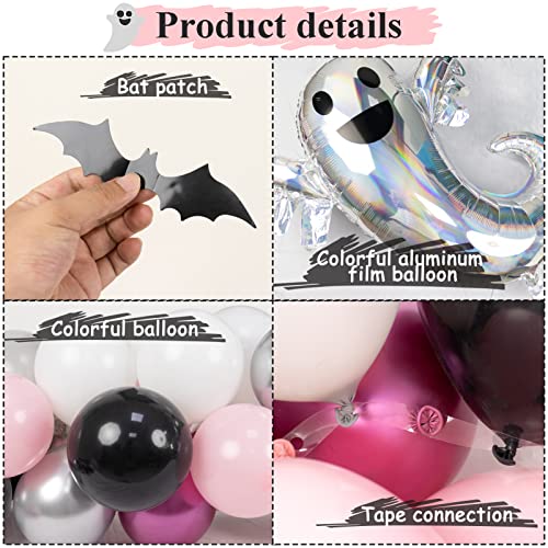 172Pcs Halloween Balloon Garland Arch Kit, Black Pink Sliver Halloween Balloons with 3D Bat Sticker Ghost Foil Balloon Pink Halloween Decor for Girls Kids Halloween Birthday Baby Shower Party Supplies