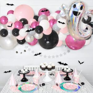 172Pcs Halloween Balloon Garland Arch Kit, Black Pink Sliver Halloween Balloons with 3D Bat Sticker Ghost Foil Balloon Pink Halloween Decor for Girls Kids Halloween Birthday Baby Shower Party Supplies