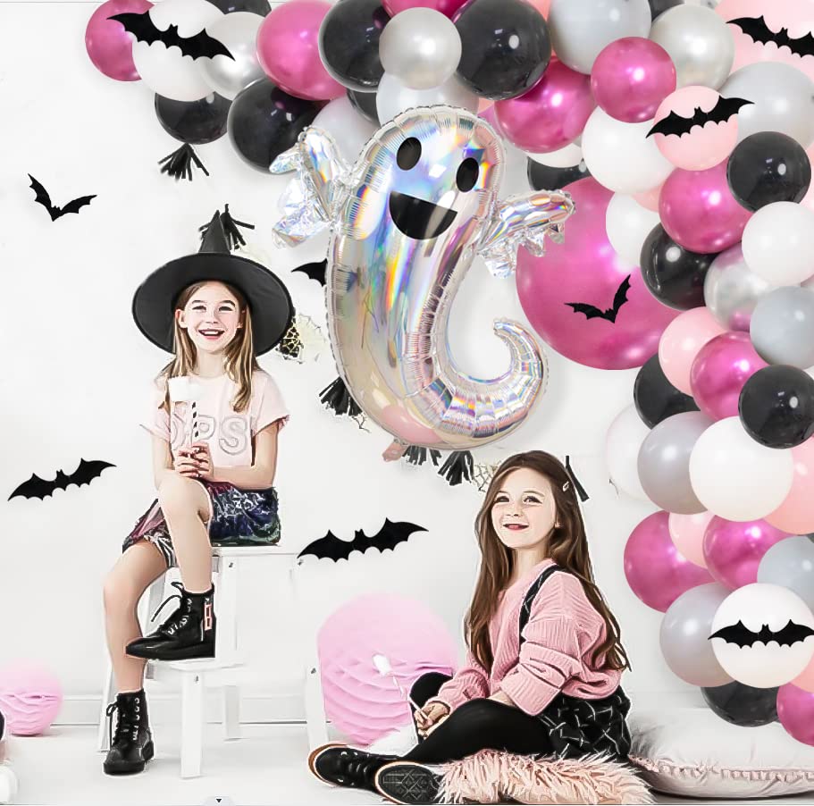 172Pcs Halloween Balloon Garland Arch Kit, Black Pink Sliver Halloween Balloons with 3D Bat Sticker Ghost Foil Balloon Pink Halloween Decor for Girls Kids Halloween Birthday Baby Shower Party Supplies