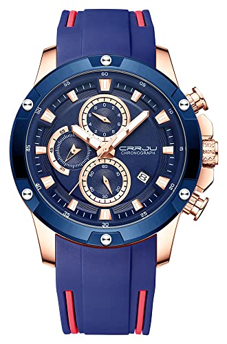 Tonnier Watches for Mens, Analog Chronograph Quartz Movement, Waterproof and Scratch Resistant, Silicone Strap Watches, Quartz Army Work Watches Blue Golden