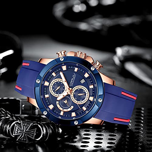 Tonnier Watches for Mens, Analog Chronograph Quartz Movement, Waterproof and Scratch Resistant, Silicone Strap Watches, Quartz Army Work Watches Blue Golden