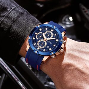 Tonnier Watches for Mens, Analog Chronograph Quartz Movement, Waterproof and Scratch Resistant, Silicone Strap Watches, Quartz Army Work Watches Blue Golden