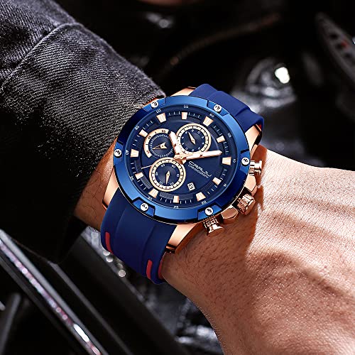 Tonnier Watches for Mens, Analog Chronograph Quartz Movement, Waterproof and Scratch Resistant, Silicone Strap Watches, Quartz Army Work Watches Blue Golden