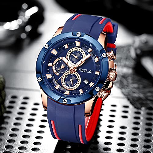 Tonnier Watches for Mens, Analog Chronograph Quartz Movement, Waterproof and Scratch Resistant, Silicone Strap Watches, Quartz Army Work Watches Blue Golden