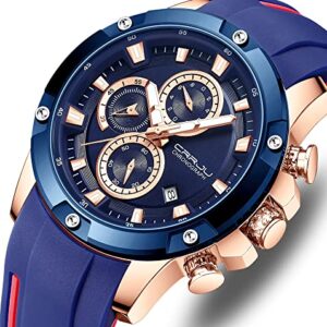 Tonnier Watches for Mens, Analog Chronograph Quartz Movement, Waterproof and Scratch Resistant, Silicone Strap Watches, Quartz Army Work Watches Blue Golden