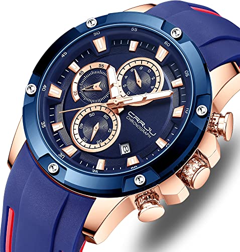 Tonnier Watches for Mens, Analog Chronograph Quartz Movement, Waterproof and Scratch Resistant, Silicone Strap Watches, Quartz Army Work Watches Blue Golden