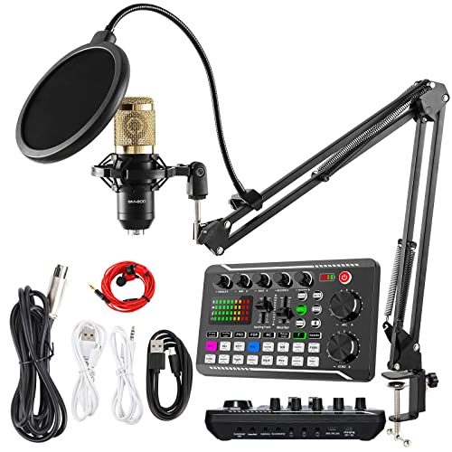 SINWE Podcast Microphone Bundle, BM-800 Condenser Mic with Live Sound Card Kit, Podcast Equipment Bundle with voice changer and Mixer functions for PC Smartphone Studio Recording & Broadcasting