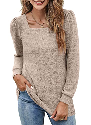 BZB Long Sleeve Tunic Tops for Women Fall Cute Square Neck Shirts Cozy Sweatshirts Khaki M