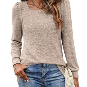 BZB Long Sleeve Tunic Tops for Women Fall Cute Square Neck Shirts Cozy Sweatshirts Khaki M