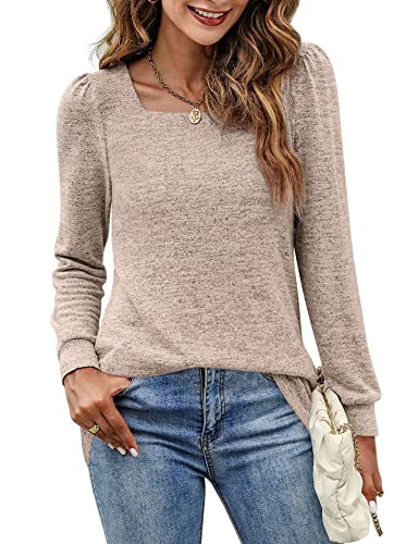 BZB Long Sleeve Tunic Tops for Women Fall Cute Square Neck Shirts Cozy Sweatshirts Khaki M