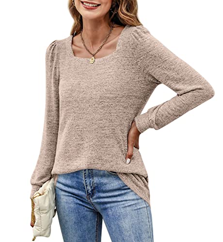 BZB Long Sleeve Tunic Tops for Women Fall Cute Square Neck Shirts Cozy Sweatshirts Khaki M