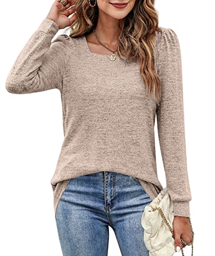 BZB Long Sleeve Tunic Tops for Women Fall Cute Square Neck Shirts Cozy Sweatshirts Khaki M