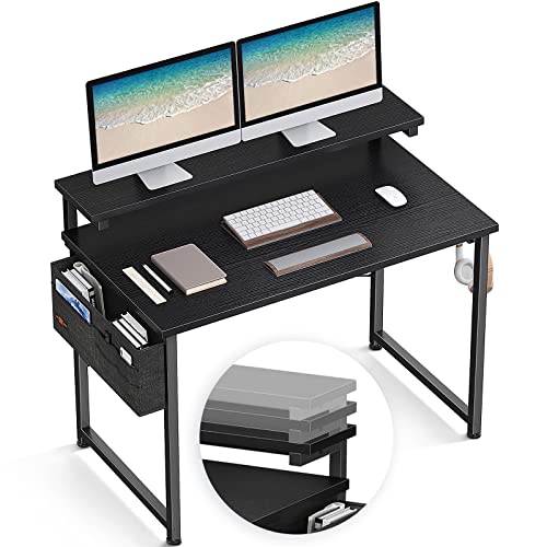 ODK Computer Desk with Adjustable Monitor Shelves, 40 inch Home Office Desk with Monitor Stand, Writing Desk, Study Workstation with 3 Heights (10cm, 13cm, 16cm), Black