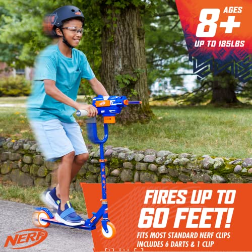 Flybar Nerf Blaster Scooter for Kids - Foldable Scooter, Height Adjustable, 2 Wheels, Anti-Slip Deck, for Boys/Girls, Rear Brake, Outdoor Toy, Shoots nerf Darts, Lightweight/Sturdy Kick Scooter