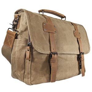 canvas messenger bag for men, portable office with laptop case and trolley slot, practical organizer with multiple compartments, waxed canvas and genuine leather vintage satchel, brown