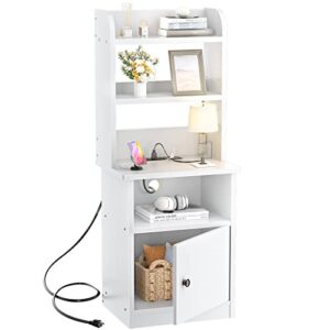 white nightstand with charging station and usb ports, 47" tall bedside table with adjustable bookshelf, industrial end table side table with storage cabinet for home office, white