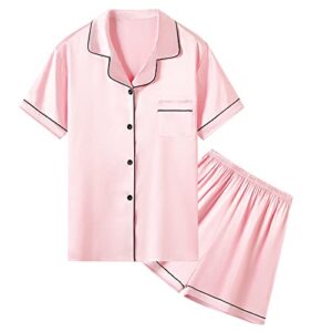 women's satin pajamas set, short sleeve button down shirt top + elastic waist shorts sets summer pajamas for women, a pink, us xs