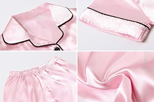 Women's Satin Pajamas Set, Short Sleeve Button Down Shirt Top + Elastic Waist Shorts Sets Summer Pajamas for Women, A Pink, US XS