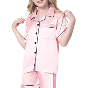 Women's Satin Pajamas Set, Short Sleeve Button Down Shirt Top + Elastic Waist Shorts Sets Summer Pajamas for Women, A Pink, US XS