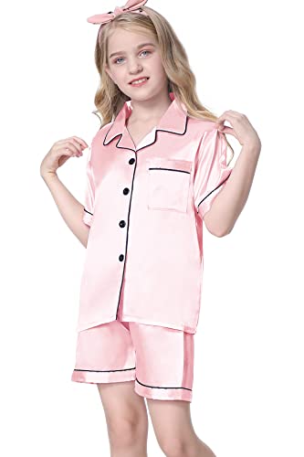 Women's Satin Pajamas Set, Short Sleeve Button Down Shirt Top + Elastic Waist Shorts Sets Summer Pajamas for Women, A Pink, US XS