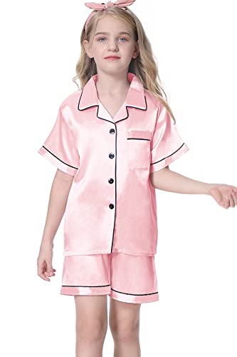 Women's Satin Pajamas Set, Short Sleeve Button Down Shirt Top + Elastic Waist Shorts Sets Summer Pajamas for Women, A Pink, US XS