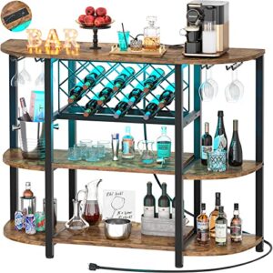 unikito wine rack table with socket and led light, floor bar cabinet for liquor and glasses, wood coffee bar cabinet with adjustable wine rack, freestanding sideboard and buffet cabinet, rustic