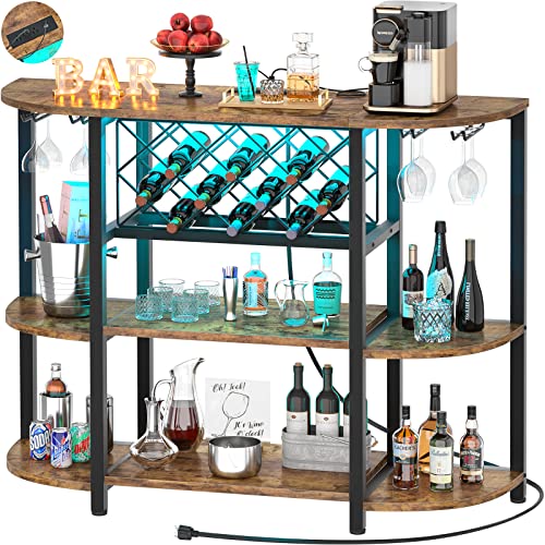 Unikito Wine Rack Table with Socket and LED Light, Floor Bar Cabinet for Liquor and Glasses, Wood Coffee Bar Cabinet with Adjustable Wine Rack, FreeStanding Sideboard and Buffet Cabinet, Rustic