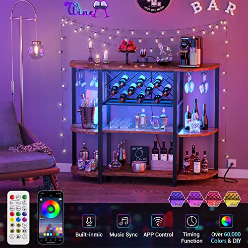 Unikito Wine Rack Table with Socket and LED Light, Floor Bar Cabinet for Liquor and Glasses, Wood Coffee Bar Cabinet with Adjustable Wine Rack, FreeStanding Sideboard and Buffet Cabinet, Rustic