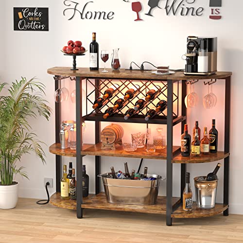 Unikito Wine Rack Table with Socket and LED Light, Floor Bar Cabinet for Liquor and Glasses, Wood Coffee Bar Cabinet with Adjustable Wine Rack, FreeStanding Sideboard and Buffet Cabinet, Rustic