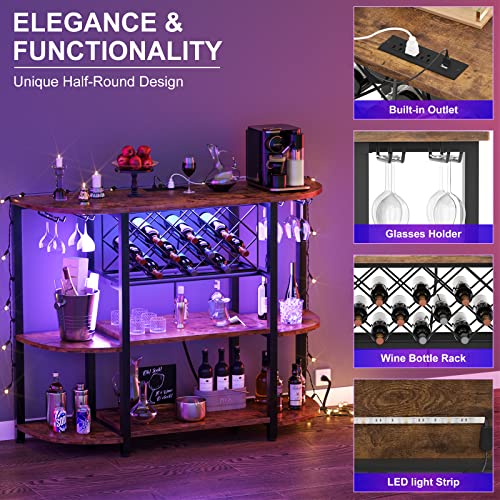 Unikito Wine Rack Table with Socket and LED Light, Floor Bar Cabinet for Liquor and Glasses, Wood Coffee Bar Cabinet with Adjustable Wine Rack, FreeStanding Sideboard and Buffet Cabinet, Rustic