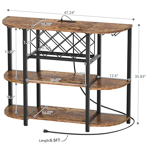 Unikito Wine Rack Table with Socket and LED Light, Floor Bar Cabinet for Liquor and Glasses, Wood Coffee Bar Cabinet with Adjustable Wine Rack, FreeStanding Sideboard and Buffet Cabinet, Rustic