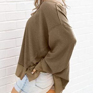 ASTANFY Womens Long Sleeve Sweatshirts Waffle Knit Shirts V Neck Solid Color Pullover Casual Loose Fit Tunic Tops Brown