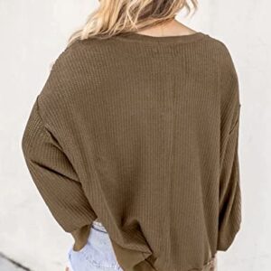 ASTANFY Womens Long Sleeve Sweatshirts Waffle Knit Shirts V Neck Solid Color Pullover Casual Loose Fit Tunic Tops Brown