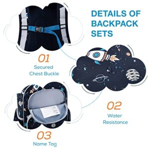 mommore Kids Backpack Set, Lightweight School Backpack for Kids Elementary Rocket Bookbag for Students with Chest Strap Water Resistant,3pcs black