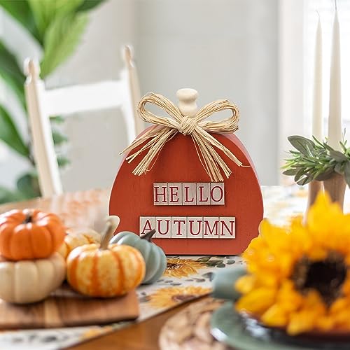 Fall Decorations for Home, DECSPAS Large Size 3 Pack Wooden Pumpkin Block Set for Fall Decor, Orange Green Yellow Wooden Pumpkin Sign Thanksgiving Decorations for Living Room, Mantle, Dining Table