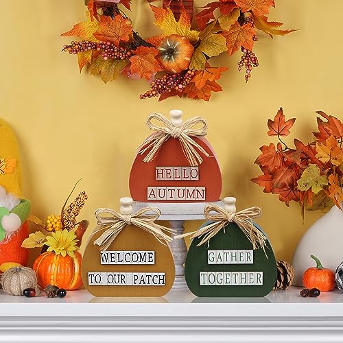 Fall Decorations for Home, DECSPAS Large Size 3 Pack Wooden Pumpkin Block Set for Fall Decor, Orange Green Yellow Wooden Pumpkin Sign Thanksgiving Decorations for Living Room, Mantle, Dining Table