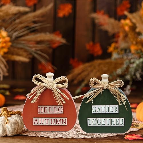 Fall Decorations for Home, DECSPAS Large Size 3 Pack Wooden Pumpkin Block Set for Fall Decor, Orange Green Yellow Wooden Pumpkin Sign Thanksgiving Decorations for Living Room, Mantle, Dining Table